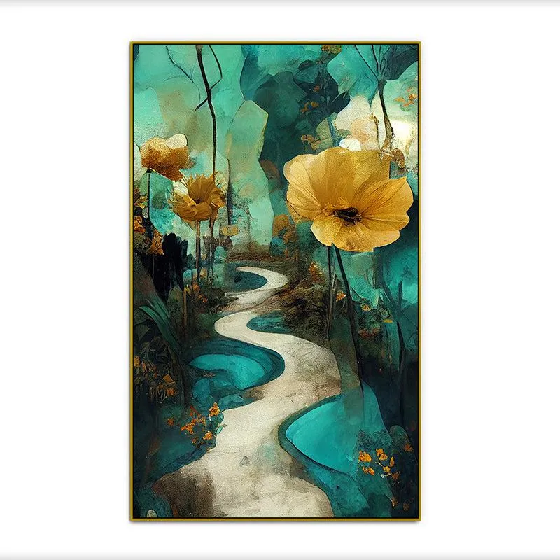 Winding Petal Path Floral Canvas Wall Painting With Frame - Gold media 4