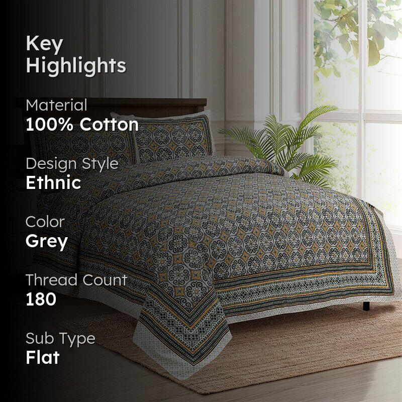 Drona Ethnic Cotton Bedsheet (Grey) - 180 TC media 2
