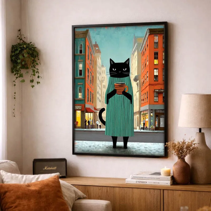 Downtown Brew Cat Wall Painting With Frame media 4
