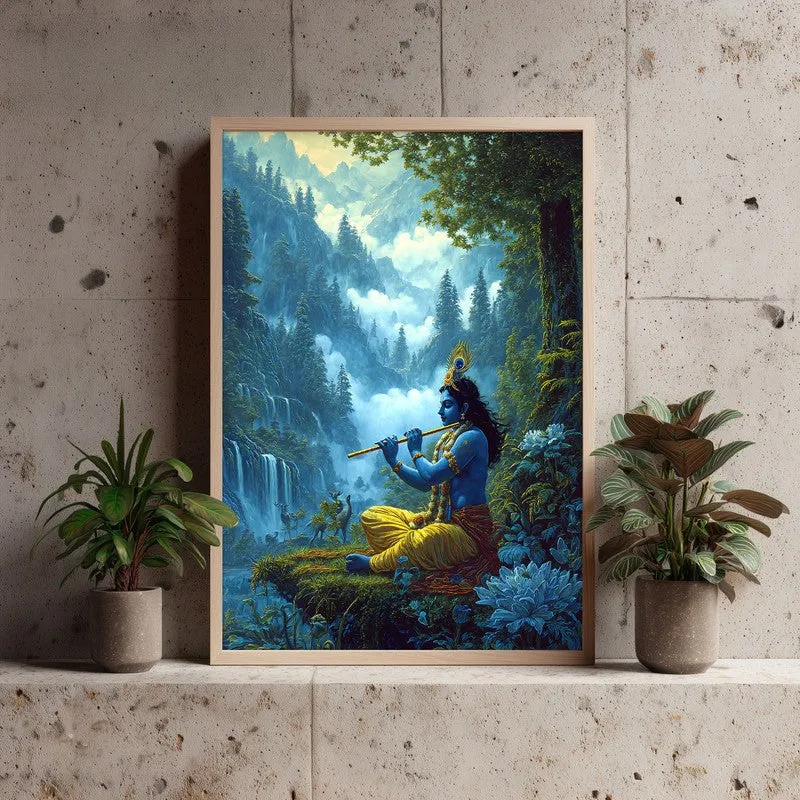 Vrindavan Bihari Lord Krishna Playing Fluit IV Archival Paper Wall Art - Natural Brown Frame media 3