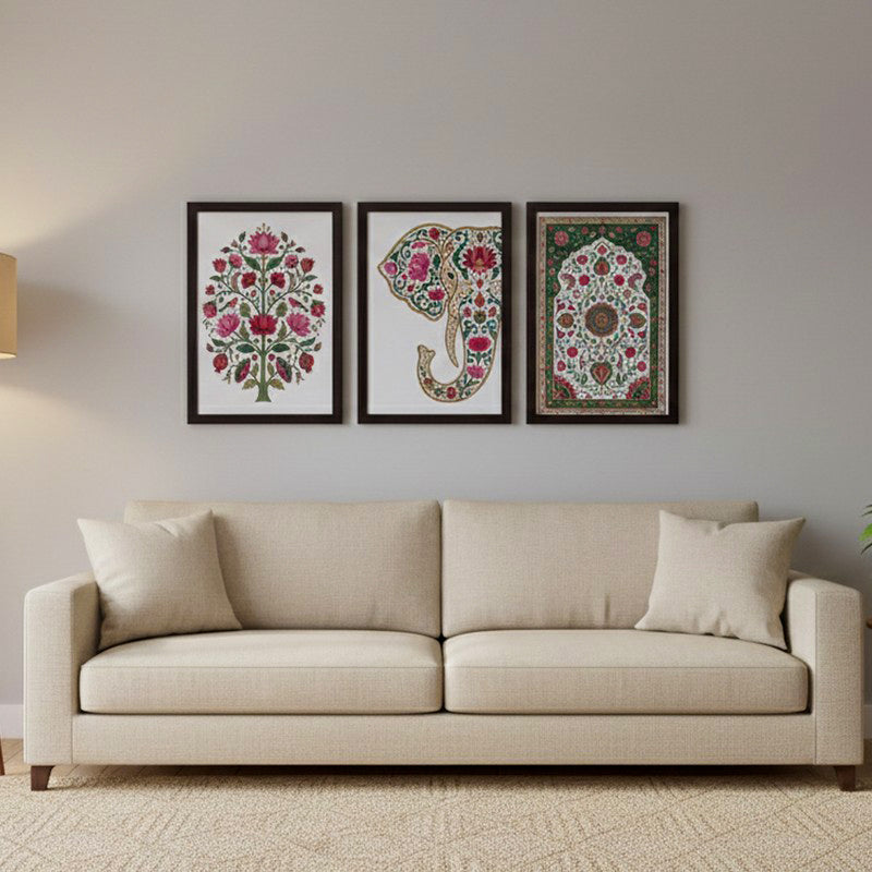Floral Elephant & Mandala Wall Painting With Frame - Set Of Three