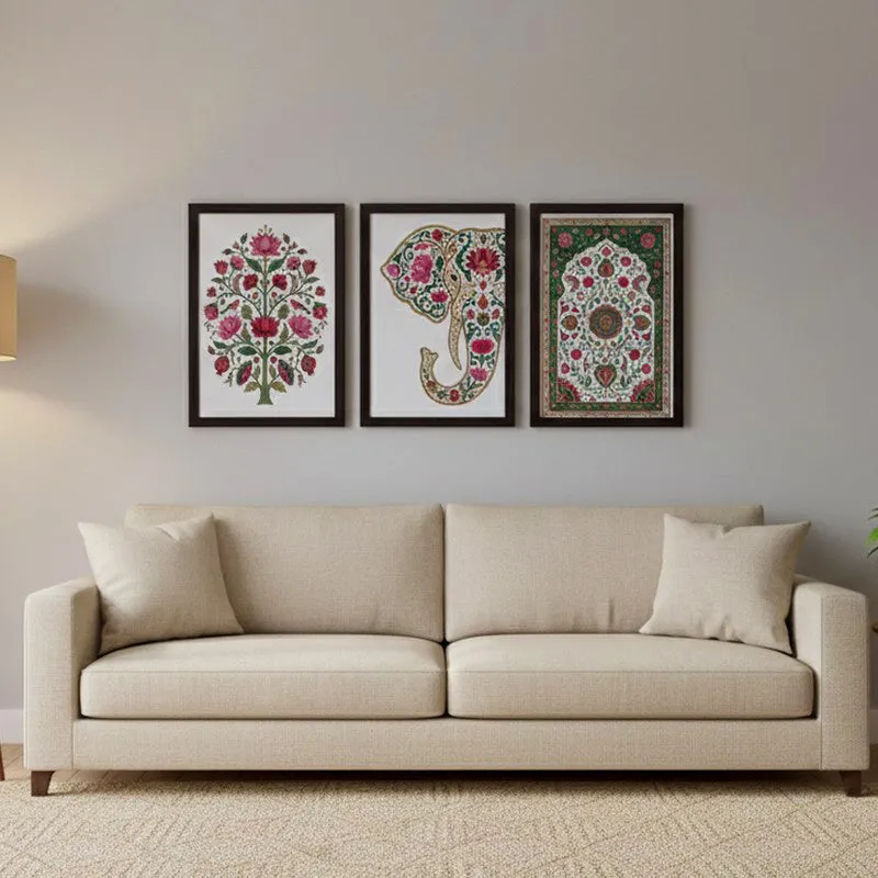 Floral Elephant & Mandala Wall Painting With Frame - Set Of Three media 1