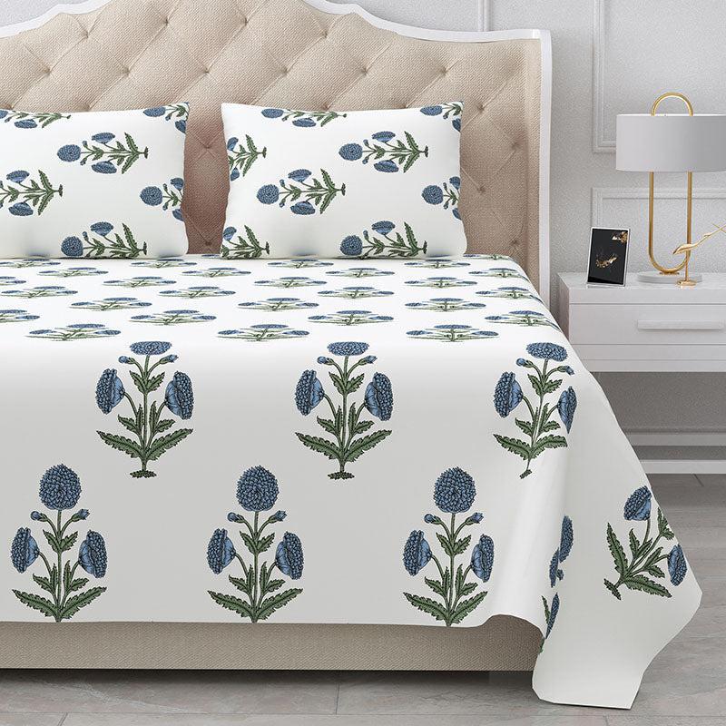 Marrakech Marigold Ethnic Cotton Bedsheet (Blue & White) - 180 TC media 3
