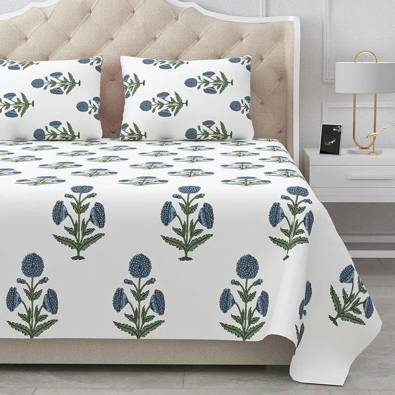 Marrakech Marigold Ethnic Cotton Bedsheet (Blue & White) - 180 TC media 3