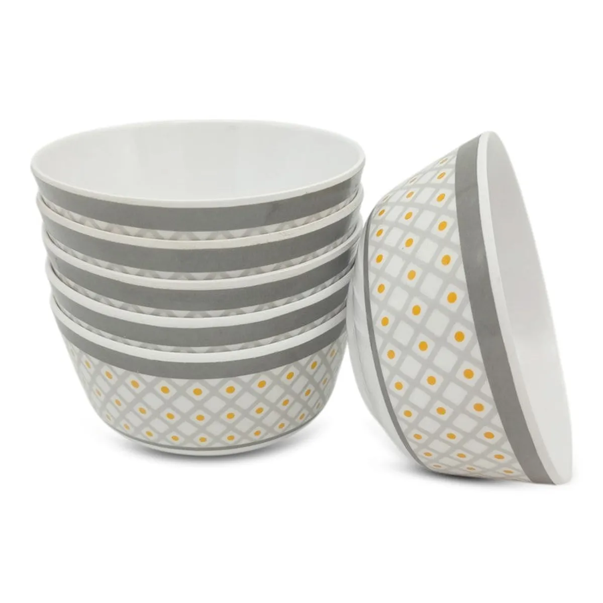 Five patterned snack bowls, including one tilted beside the stack