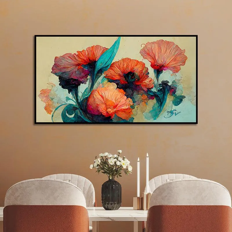 Flaming Blue Blooms Floral Canvas Wall Painting With Frame - Black media 1