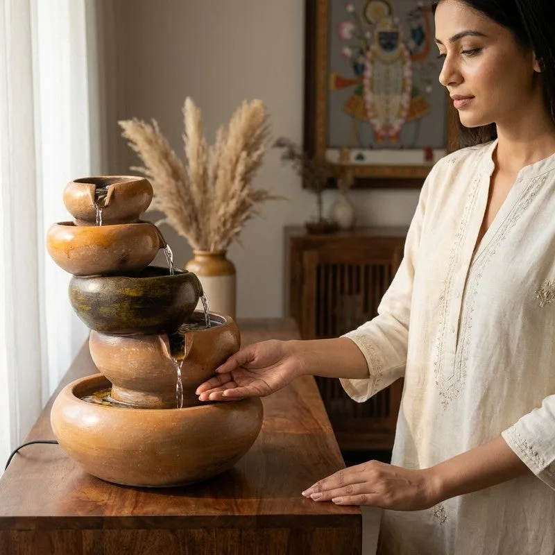 Brown tabletop water fountain shown beside a person for scale