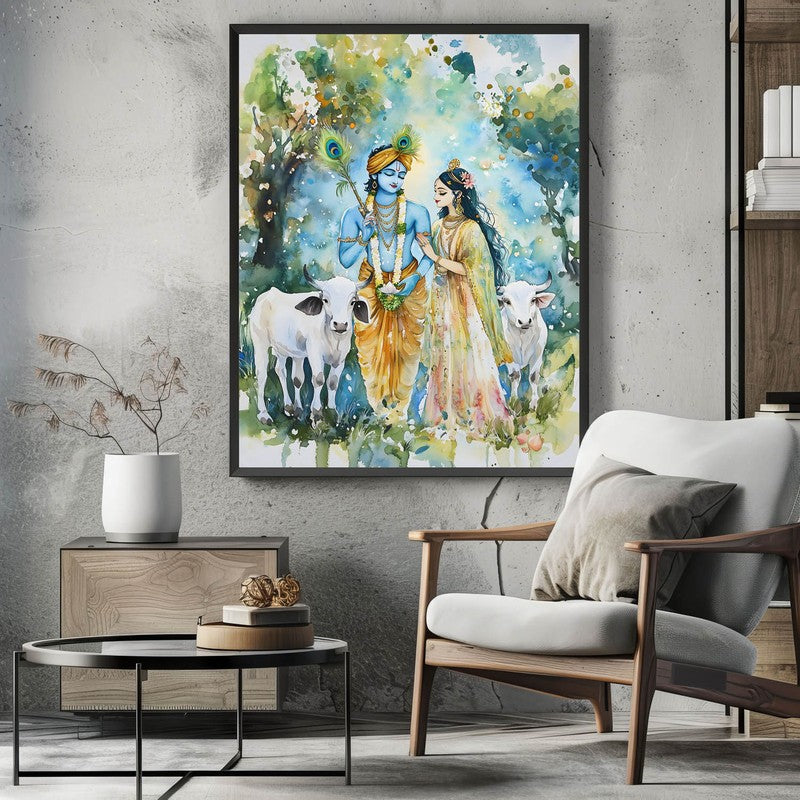 Sri Radha Krishna Spiritual Archival Paper Wall Painting With Frame - Black media 3