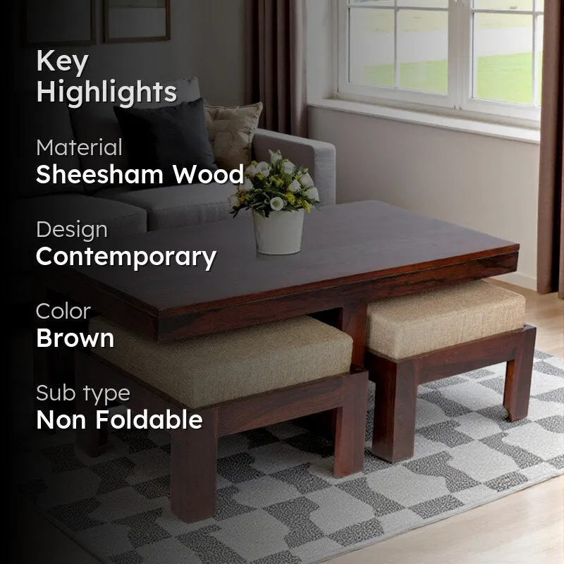 Drexon Sheesham Wooden Center Table with Stools (Deep Brown) - Five Piece Set media 2