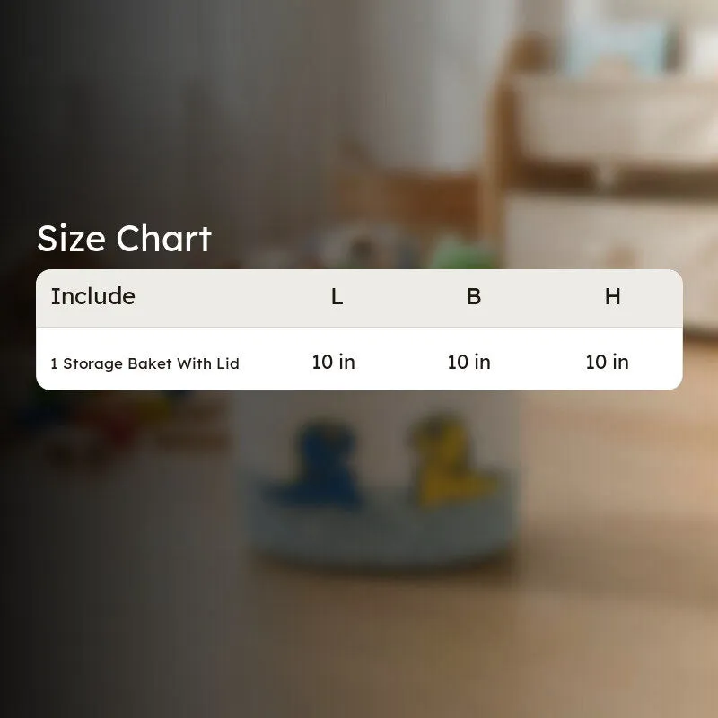 Blurred kids room background with storage basket size chart overlay