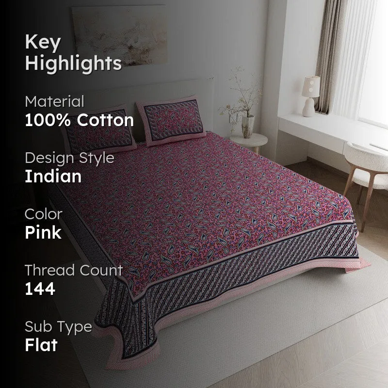 FloralNest Cotton Bedsheet (Pink) - 144 TC media 2