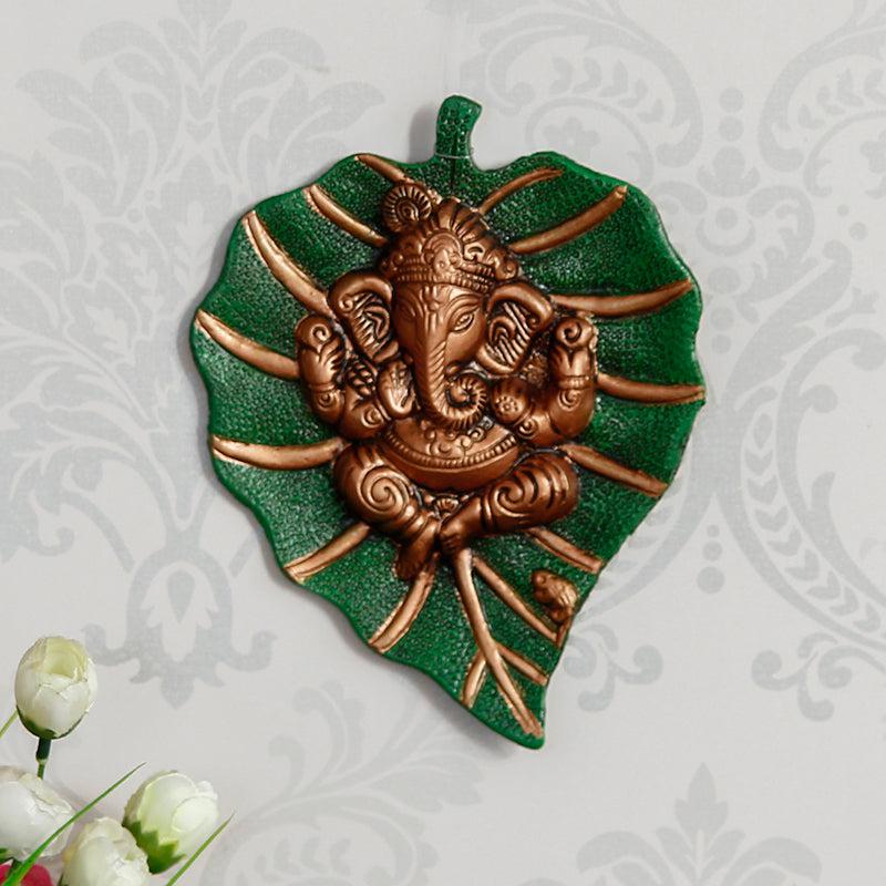 Ganesha On Green Leaf Religious Metal Wall Accent