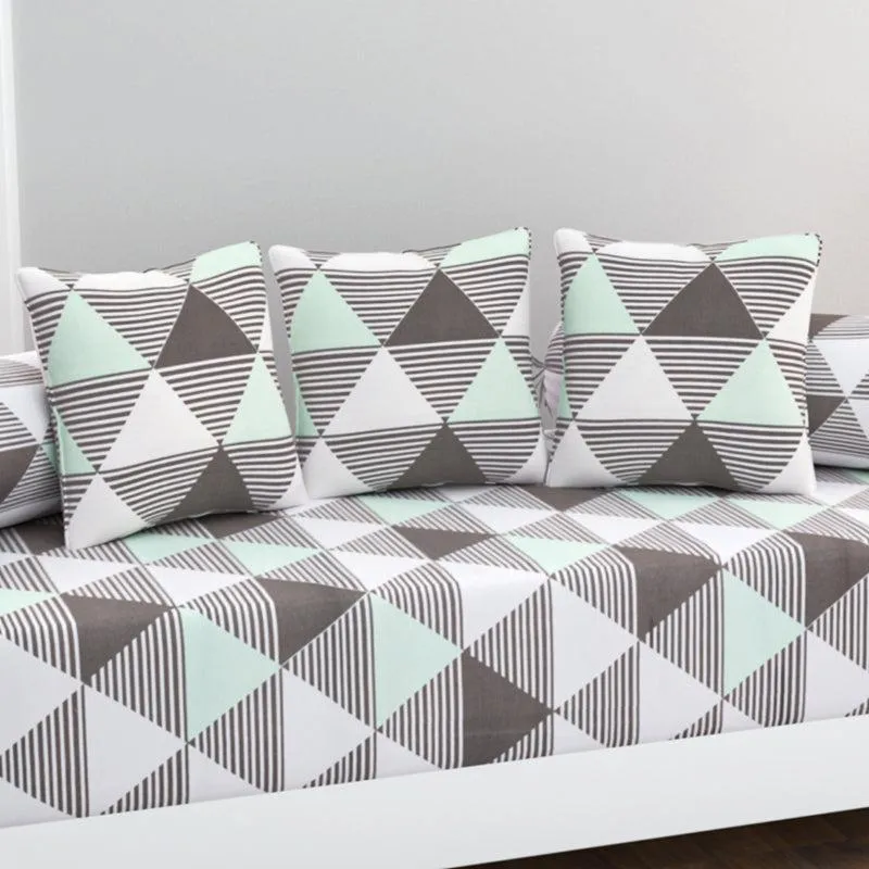 Euclidean Elite Geometric Cotton Diwan Set - Grey & Green media 3