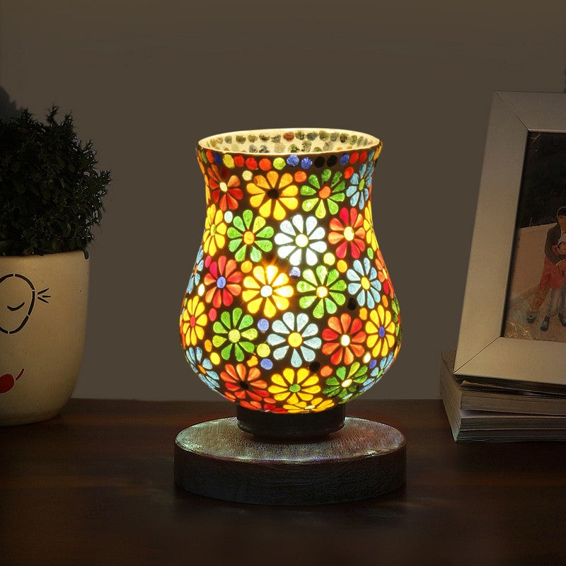 Lumessa Mosaic Glass Table Lamp With Wooden Base - Multicolor