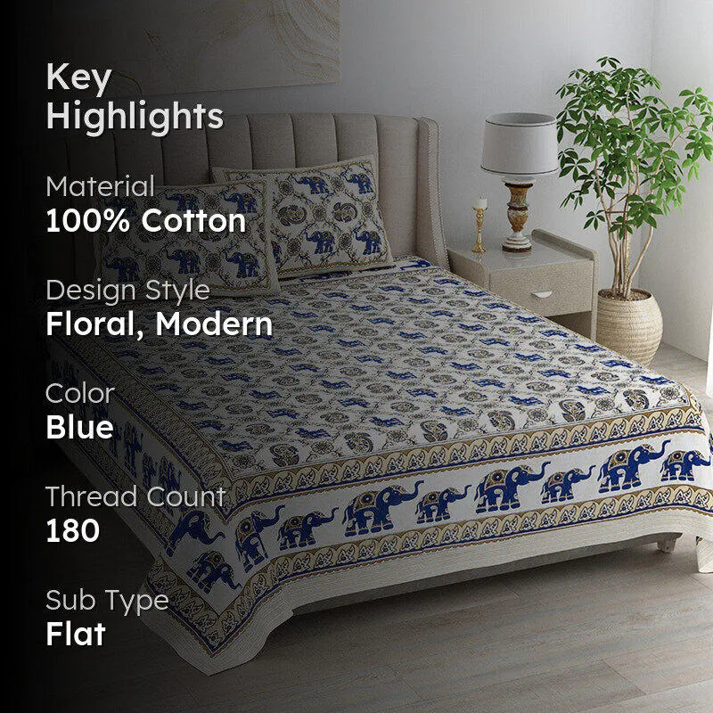 Anirvva Cotton Bedsheet (Dark Blue, Beige) - 180 TC media 2