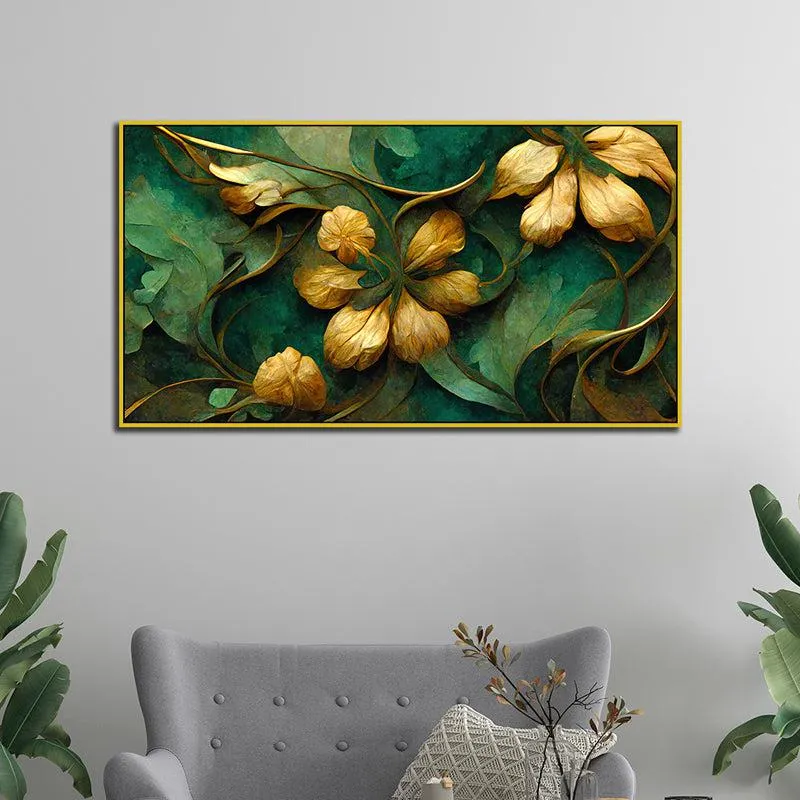 Verdure Golden Petals Floral Canvas Wall Painting With Frame - Gold media 3