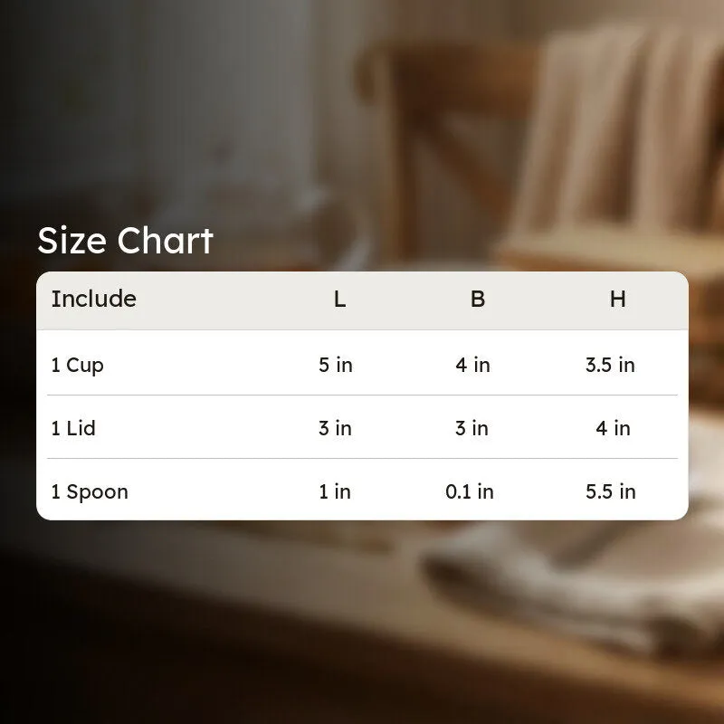 Size chart image for cup, lid and spoon dimensions