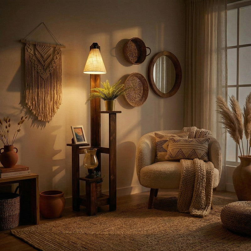 Clastre Jute & Wooden Floor Lamp With Shelves media 3