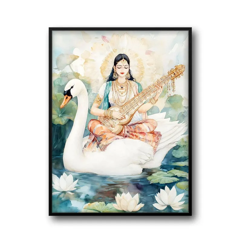 Vijnana Saraswati Spiritual Archival Paper Wall Painting With Frame - Black media 5