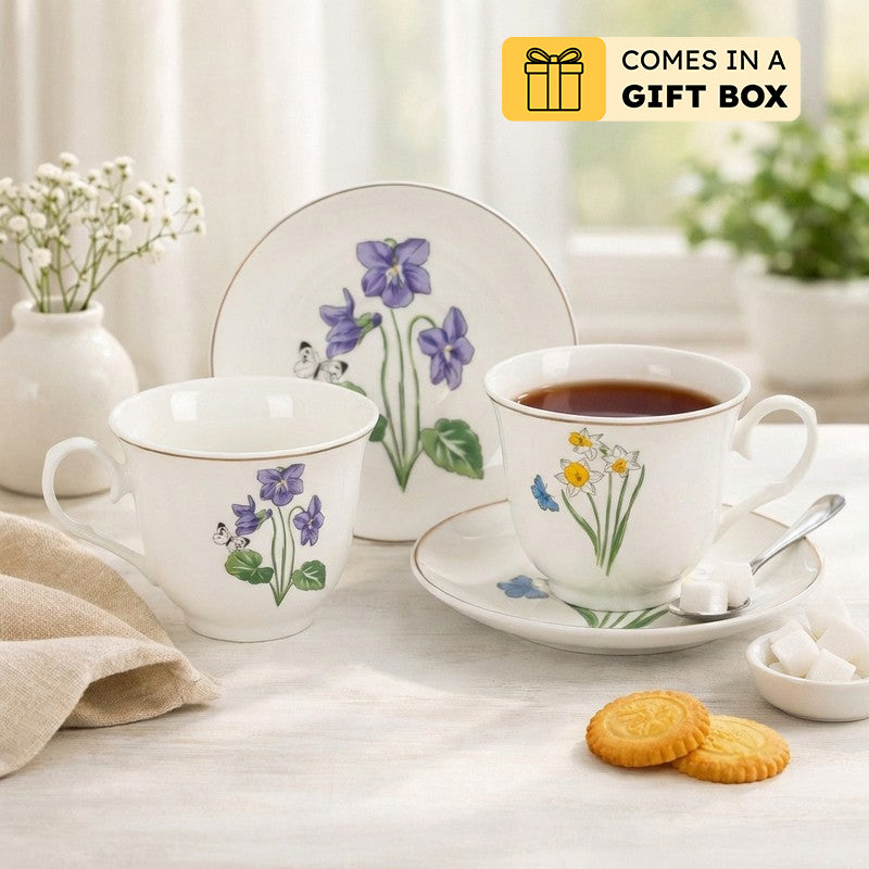 Petaluxe 24k Gold Brushed Porcelain Tea Cup (300 mL Each) - Twelve Piece Set