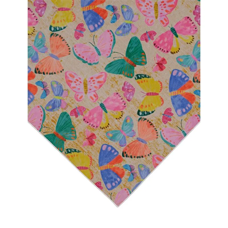 Corner view of the carpet with colourful butterfly pattern