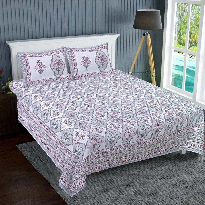 ParamparaBloom Handblock Printed Cotton Bedsheet (Pink) - 400 TC media 1
