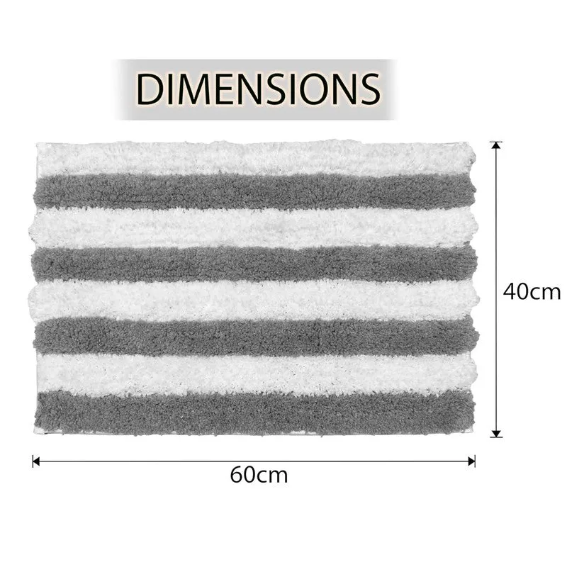 Grey and white striped bath mat shown with size illustration