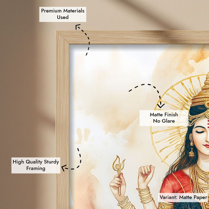 Simhavahini Durga Spiritual Archival Paper Wall Painting - Natural Brown Frame media 6