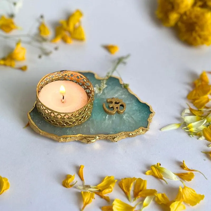 Om Handcrafted Agate Tealight Candle Holder - Green media 4