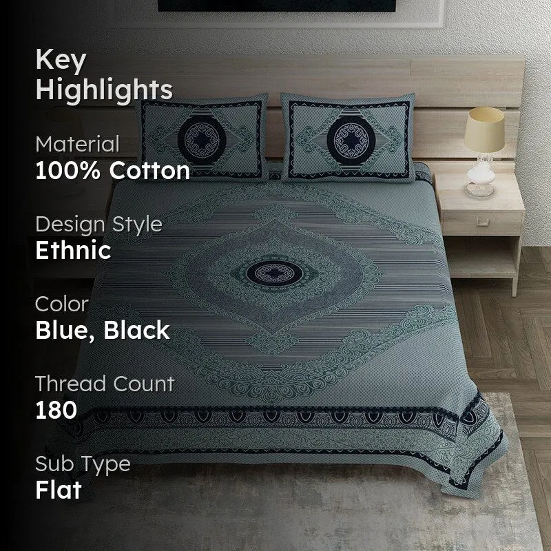 Vanya Velvet Ethnic Cotton Bedsheet (Blue) - 150 TC media 2