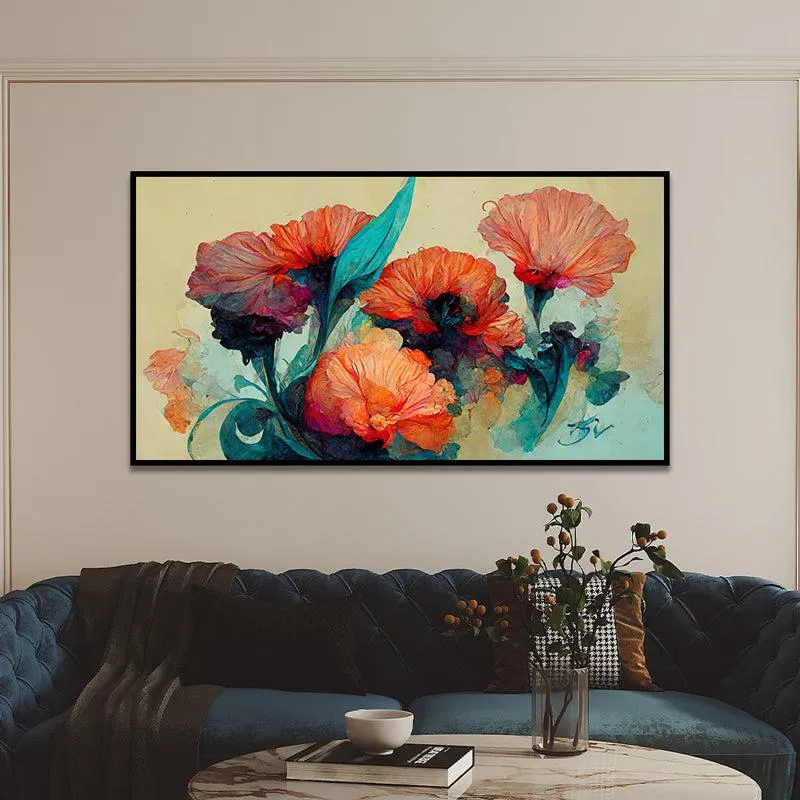Flaming Blue Blooms Floral Canvas Wall Painting With Frame - Black media 3