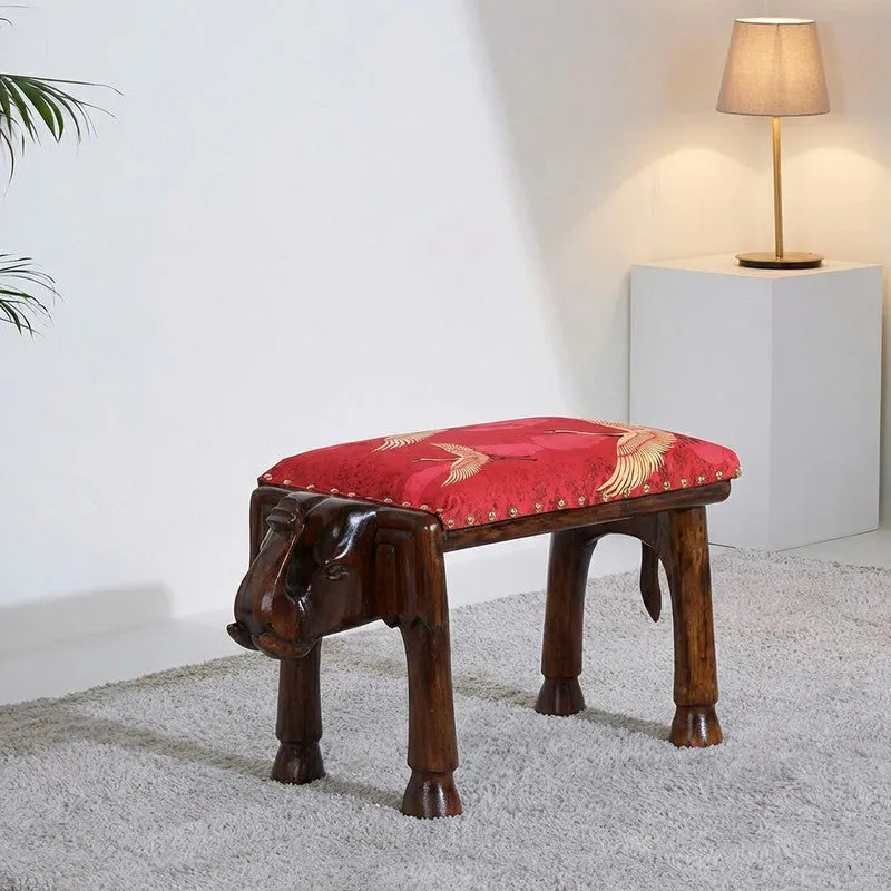 India Circus Acacia Wood Cranes Elephant Pouffe media 1
