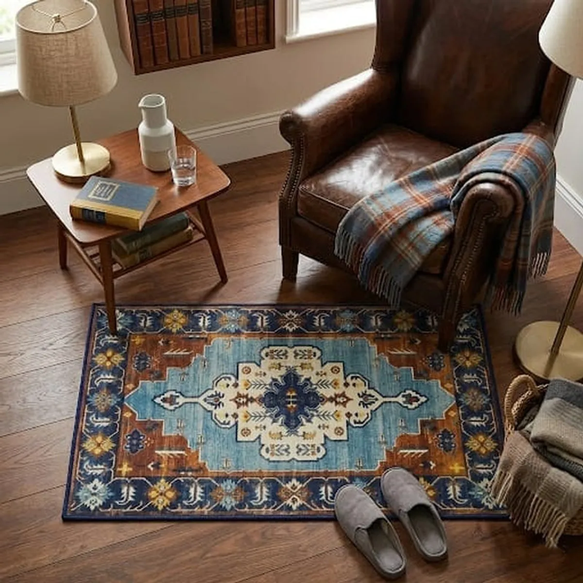Patterned rectangular carpet in blue, orange and beige in a living room