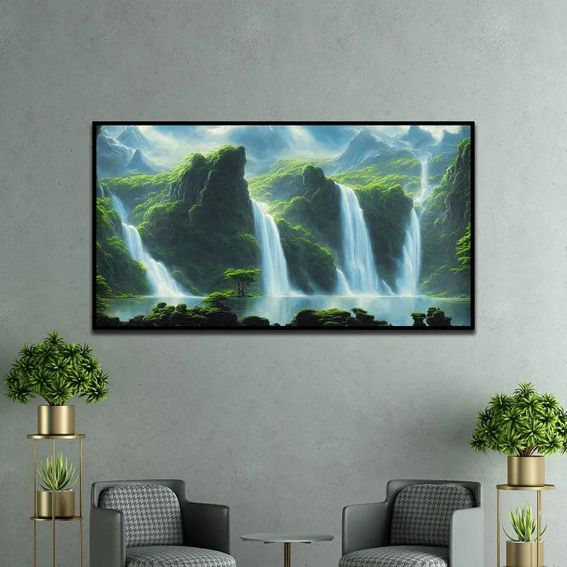 Emerald Isle Waterfalls Landscape Canvas Wall Painting With Frame - Black media 1