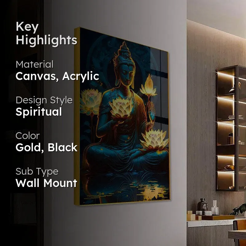 Teal & Gold Buddha Spiritual Canvas Wall Art With Frame - Gold media 2