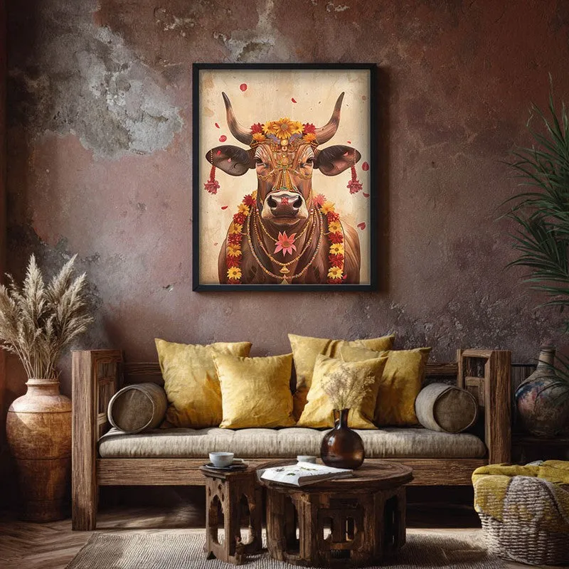 Divine Cow Traditional Canvas Wall Painting With Black Frame media 7