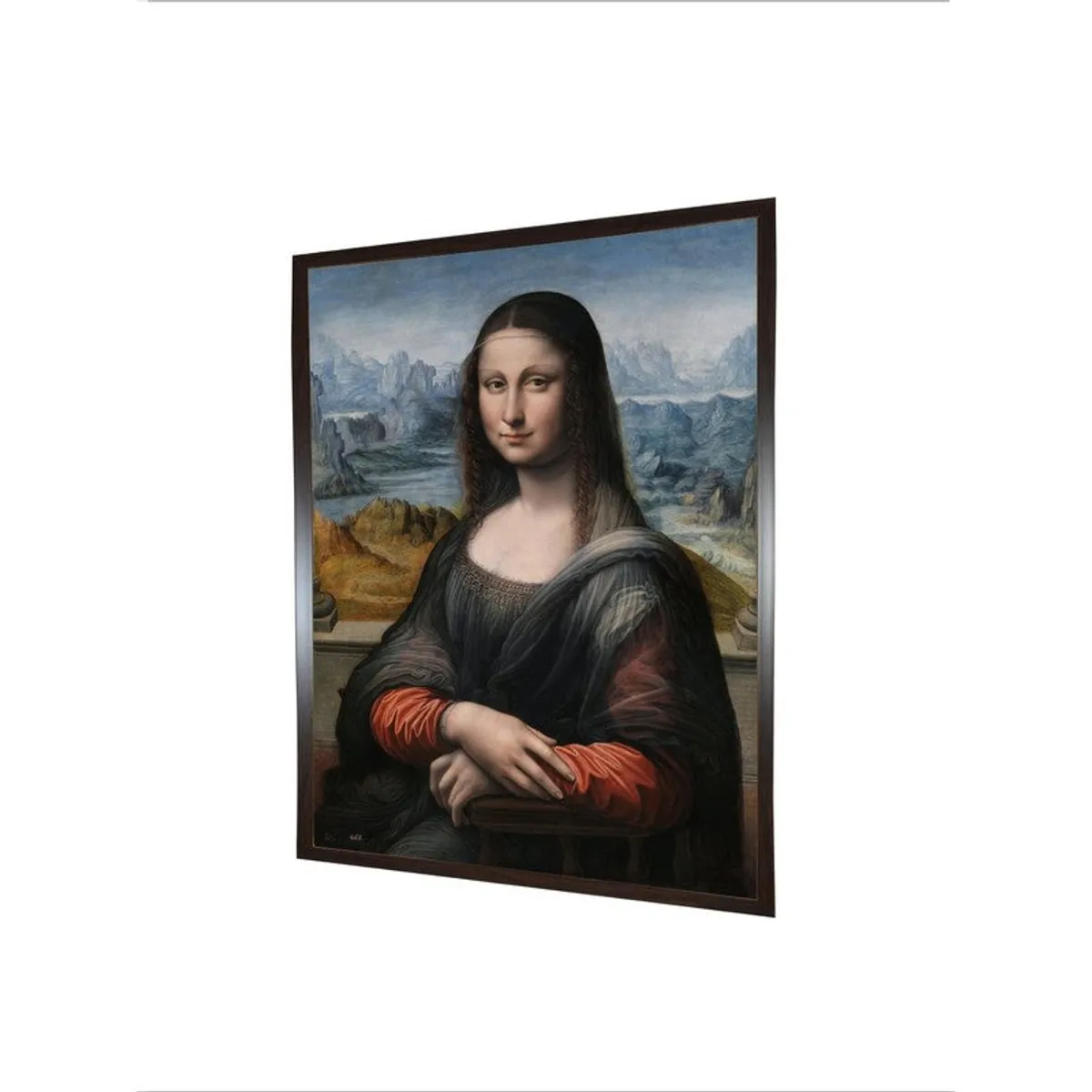 Angled view showing the framed Mona Lisa canvas painting