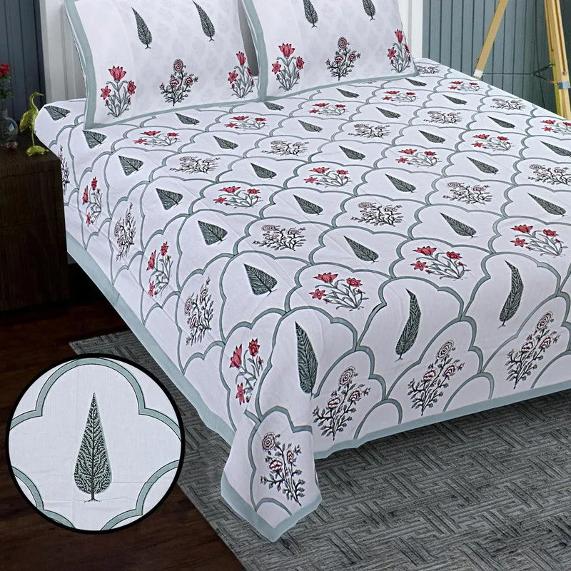 RiwaayatWhite Handblock Printed Cotton Bedsheet (Olive) - 400 TC media 4
