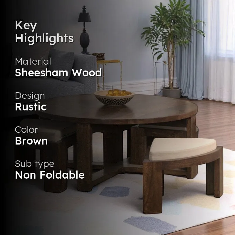 Kervon Sheesham Wooden Center Table with Stools and Cushions (Brown) - Nine Piece Set media 2