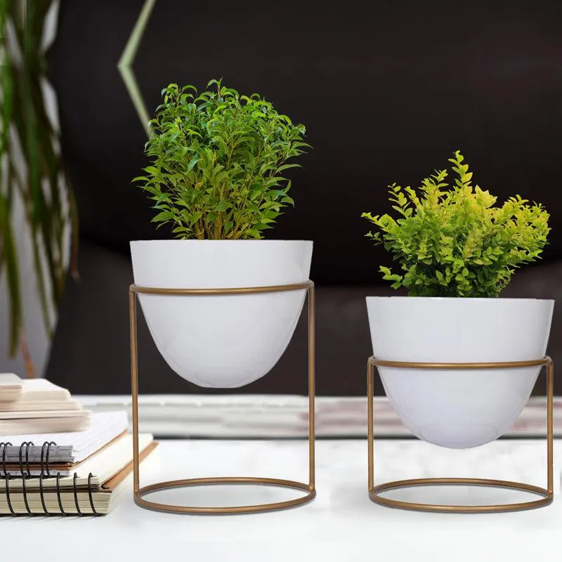 Trudene Metal Pot With Stand (White & Gold) - Set Of Two media 2