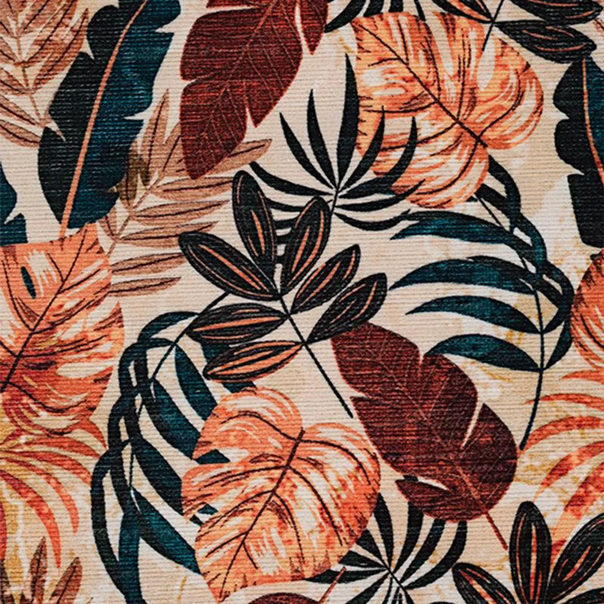 Close-up of maroon and peach tropical leaf pattern on the carpet