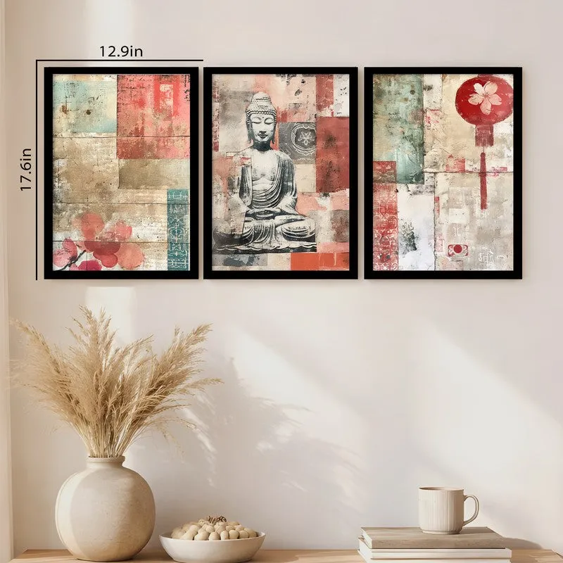 Gautam Buddha Floral Paper Wall Painting With Frame - Set Of Three media 12