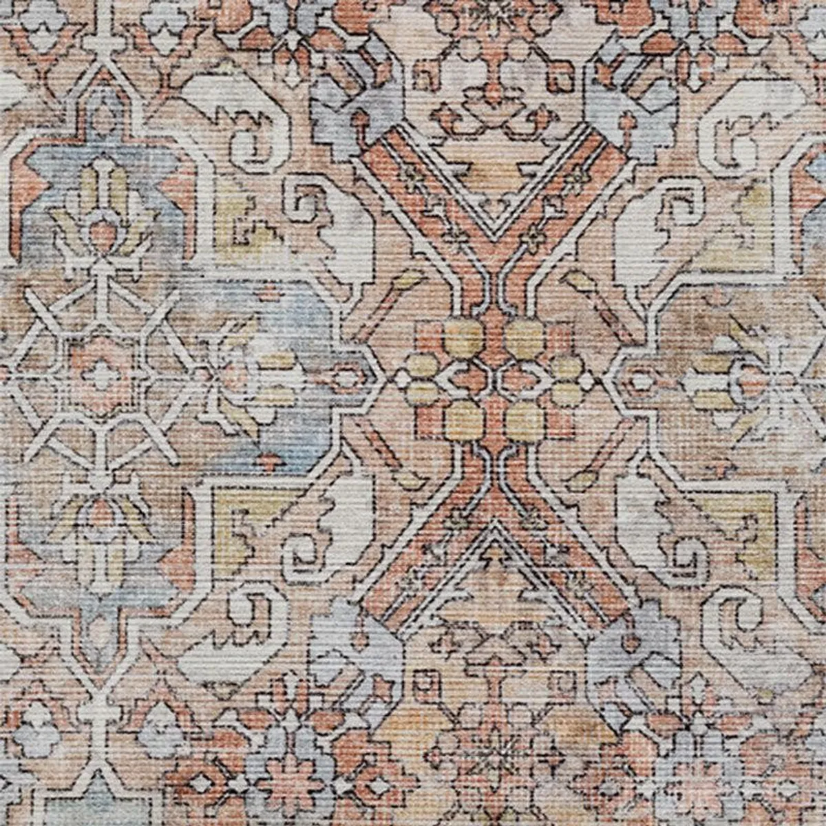 Close-up of intricate geometric and floral ethnic pattern on the carpet