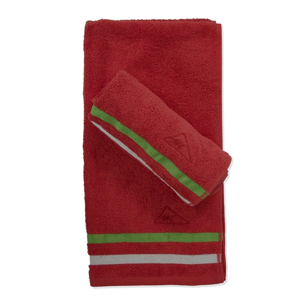 Two red towels displayed flat, showing green and white striped borders
