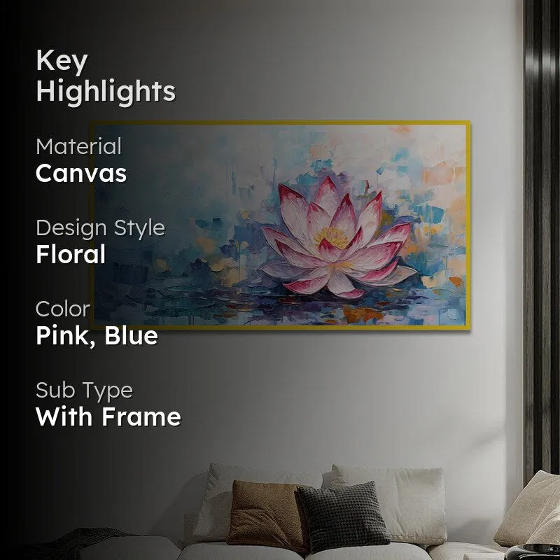 Azure Lotus Brushstrokes Floral Canvas Wall Painting With Frame - Gold media 2