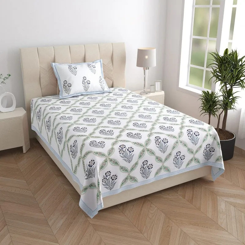 Malati I Cotton Bedsheet (Grey, Blue) - 180 TC media 1