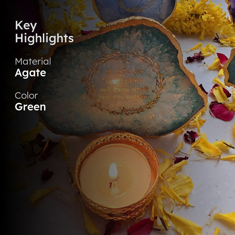 Festive Gayatri Mantra Agate Tealight Candle Holder - Green image 2