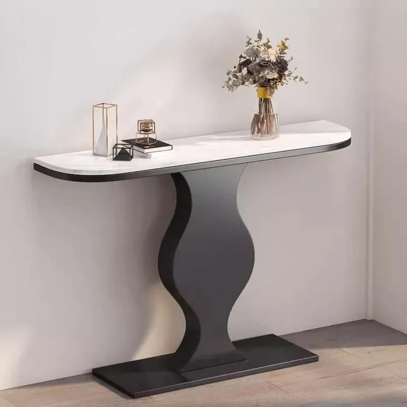 Curvy Metal Console Table with Marble Top (Black) - Small media 1