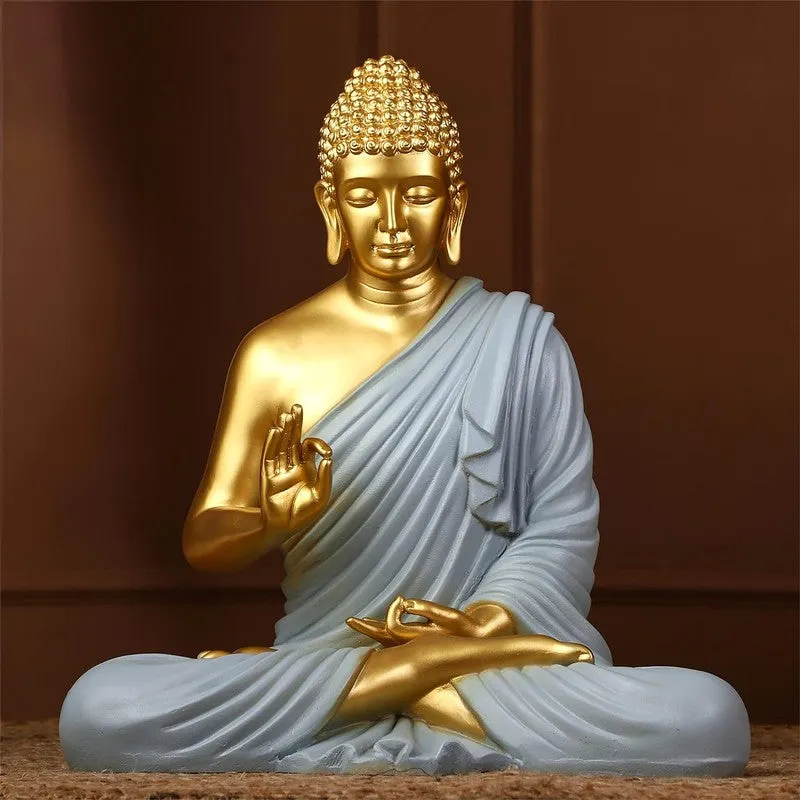 Front view of grey and gold Buddha marble idol