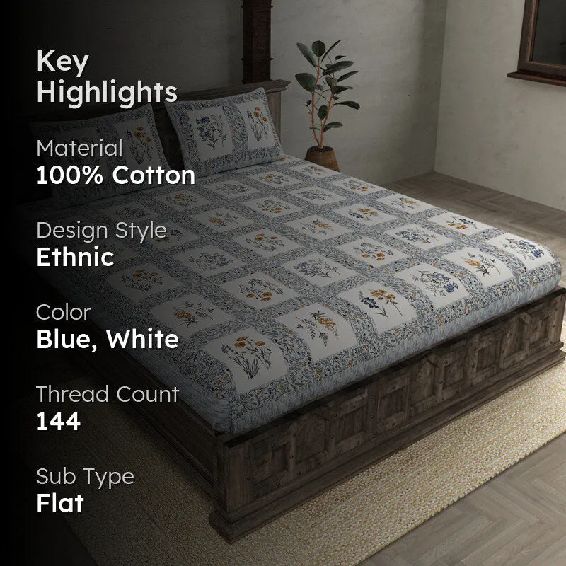 Aditri Floral Printed Cotton Bedsheet (Blue) - 144 TC media 2